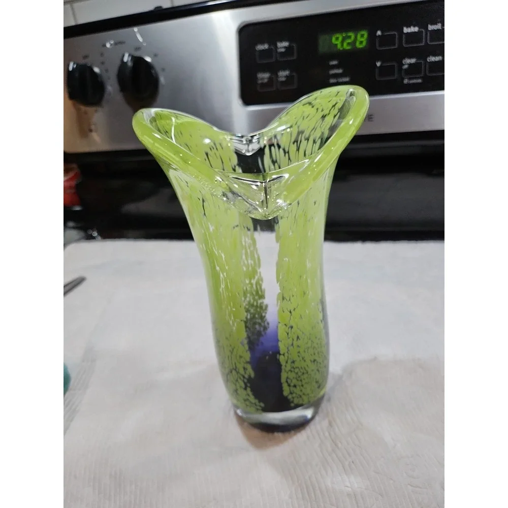 VTG~Murrhina Spatter~Lime Green/Purple~Art Glass Vase~Flared Lip~Hand Blown~8
